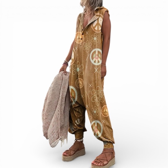 Pants - Bohemian Brown Sleeveless Jumpsuit with Peace Symbols Size: Medium NWT